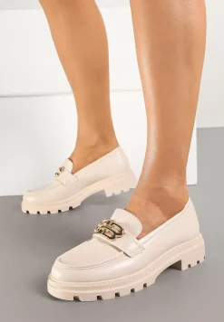 Beżowe Płaskie Mokasyny z Metaliczną Aplikacją Milidi