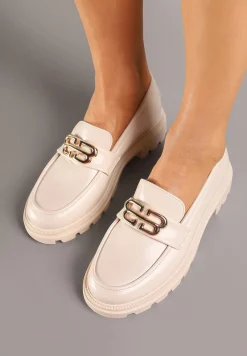 Beżowe Płaskie Mokasyny z Metaliczną Aplikacją Milidi