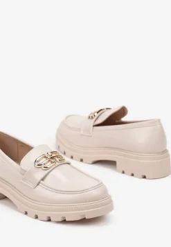 Beżowe Płaskie Mokasyny z Metaliczną Aplikacją Milidi
