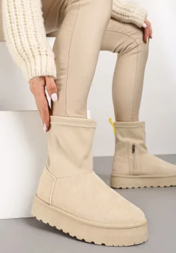 Beżowe Płaskie Ocieplane Śniegowce z Elastyczną Cholewką Sevidia