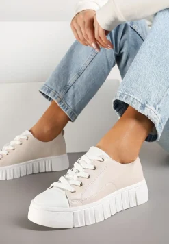 Beżowe Płaskie Sneakersy Vices ze Sznurowaniem Lorori