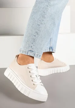 Beżowe Płaskie Sneakersy Vices ze Sznurowaniem Lorori