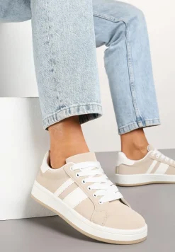 Beżowe Płaskie Sneakersy z Paskiem Quinesi