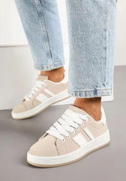 Beżowe Płaskie Sneakersy z Paskiem Quinesi