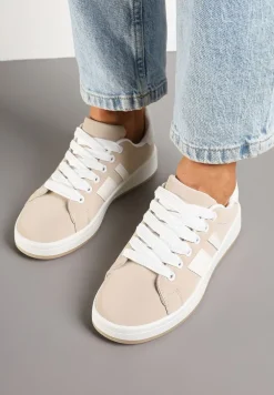 Beżowe Płaskie Sneakersy z Paskiem Quinesi