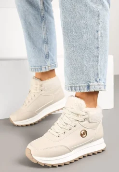 Beżowe Płaskie Sneakersy z Metaliczną Ozdobą i Futerkiem Miavandria