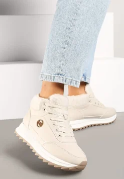 Beżowe Płaskie Sneakersy z Metaliczną Ozdobą i Futerkiem Miavandria