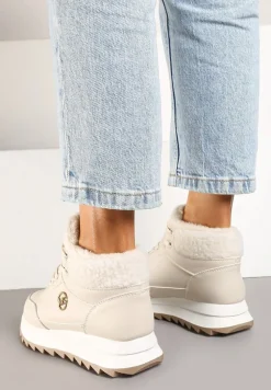 Beżowe Płaskie Sneakersy z Metaliczną Ozdobą i Futerkiem Miavandria