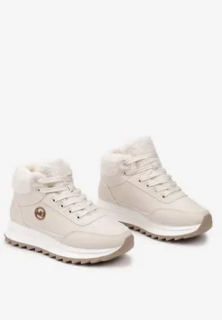 Beżowe Płaskie Sneakersy z Metaliczną Ozdobą i Futerkiem Miavandria