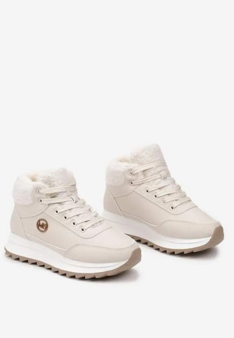 Beżowe Płaskie Sneakersy z Metaliczną Ozdobą i Futerkiem Miavandria