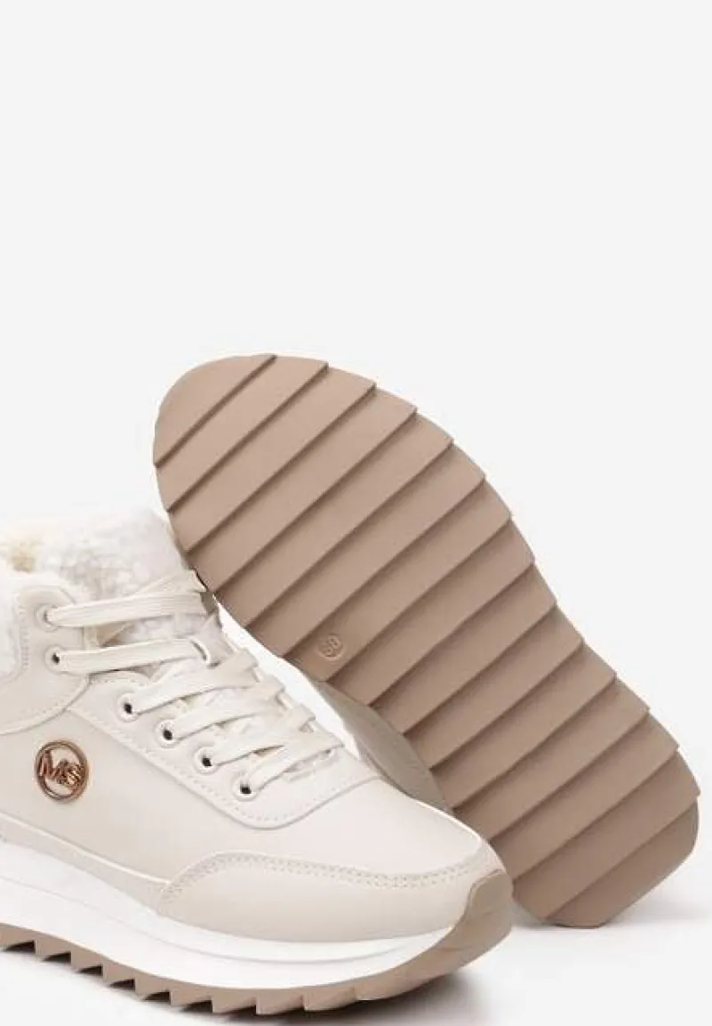 Beżowe Płaskie Sneakersy z Metaliczną Ozdobą i Futerkiem Miavandria