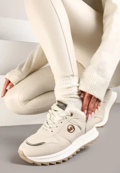 Beżowe Płaskie Sznurowane Sneakersy Ocieplane Ozdobione Metalicznymi Aplikacjami Delanoria