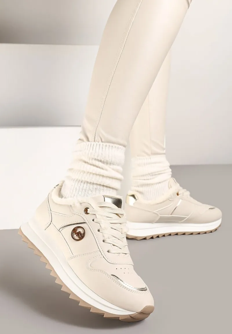 Beżowe Płaskie Sznurowane Sneakersy Ocieplane Ozdobione Metalicznymi Aplikacjami Delanoria