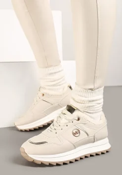 Beżowe Płaskie Sznurowane Sneakersy Ocieplane Ozdobione Metalicznymi Aplikacjami Delanoria