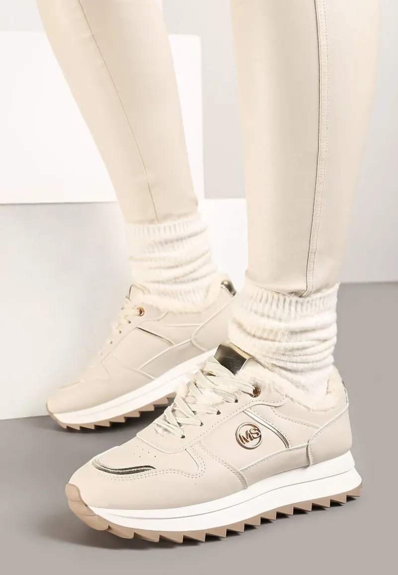 Beżowe Płaskie Sznurowane Sneakersy Ocieplane Ozdobione Metalicznymi Aplikacjami Delanoria