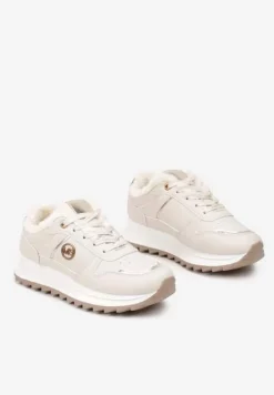 Beżowe Płaskie Sznurowane Sneakersy Ocieplane Ozdobione Metalicznymi Aplikacjami Delanoria