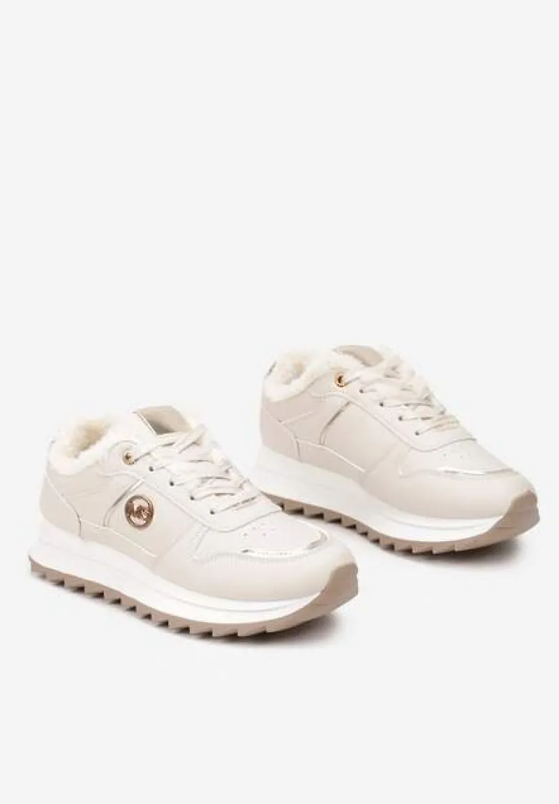 Beżowe Płaskie Sznurowane Sneakersy Ocieplane Ozdobione Metalicznymi Aplikacjami Delanoria