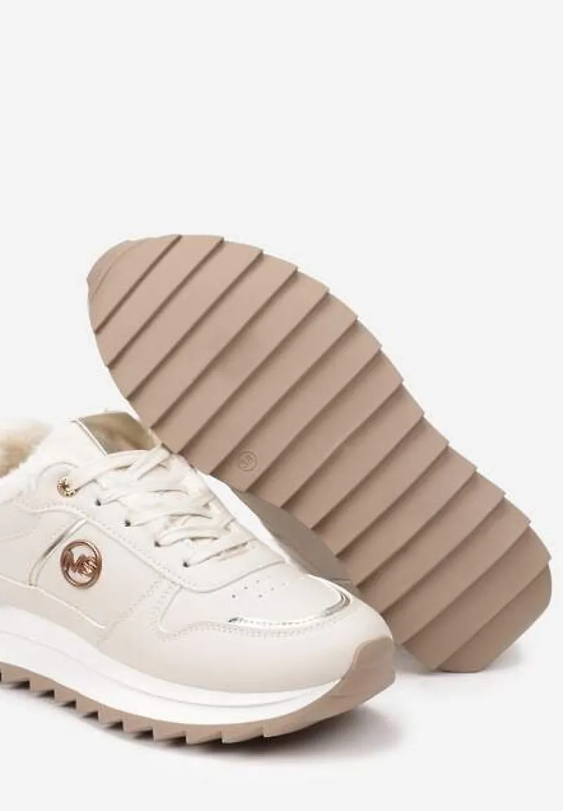 Beżowe Płaskie Sznurowane Sneakersy Ocieplane Ozdobione Metalicznymi Aplikacjami Delanoria