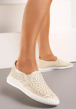Beżowe Płaskie Tenisówki z Imitacji Skóry o Ażurowym Wykończeniu Riavella