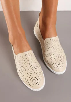 Beżowe Płaskie Tenisówki z Imitacji Skóry o Ażurowym Wykończeniu Riavella