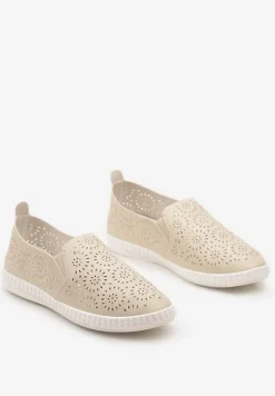 Beżowe Płaskie Tenisówki z Imitacji Skóry o Ażurowym Wykończeniu Riavella