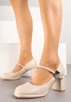 Beżowe Półbuty Czółenka na Słupkowym Obcasie ze Skórzaną Wkładką i Aplikacją Sadeirae