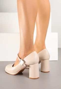 Beżowe Półbuty Czółenka na Słupkowym Obcasie ze Skórzaną Wkładką i Aplikacją Sadeirae
