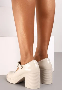 Beżowe Półbuty Lakierowane na Słupku z Ozdobnymi Paskami Naliefra