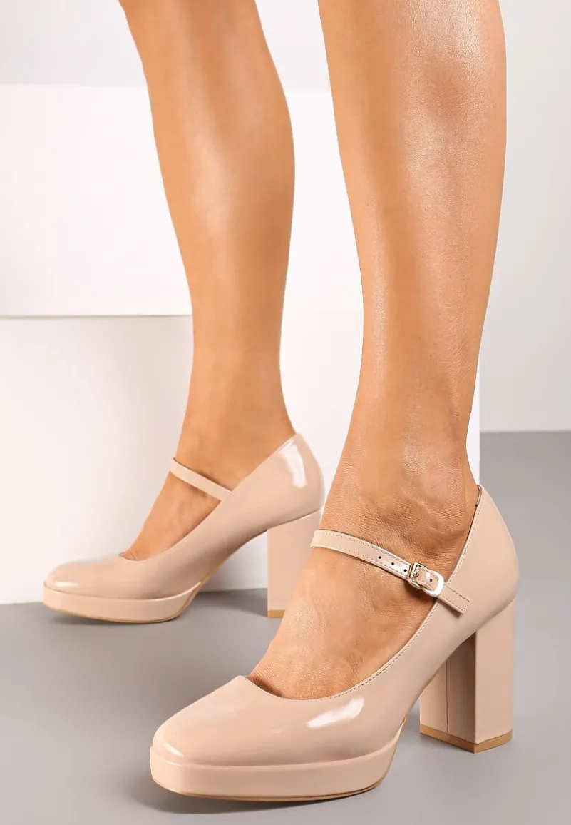 Beżowe Półbuty Lakierowane na Słupku Mary Jane Ozdobione Sprzączką Kivana