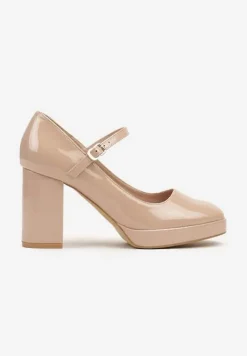 Beżowe Półbuty Lakierowane na Słupku Mary Jane Ozdobione Sprzączką Kivana