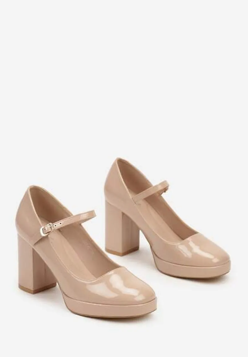 Beżowe Półbuty Lakierowane na Słupku Mary Jane Ozdobione Sprzączką Kivana