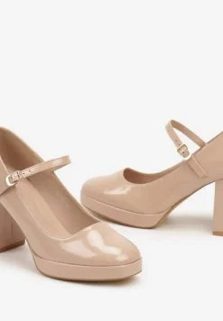 Beżowe Półbuty Lakierowane na Słupku Mary Jane Ozdobione Sprzączką Kivana