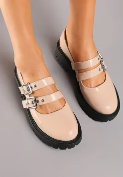 Beżowe Półbuty Lakierowane na Platformie Wykończone Sprzączkami Odilena