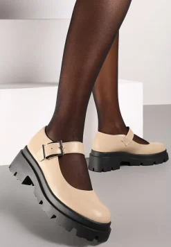 Beżowe Półbuty Mary Jane na Platformie Wykończone Paskiem ze Sprzączką Navshia