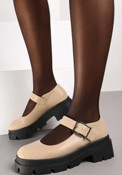 Beżowe Półbuty Mary Jane na Platformie Wykończone Paskiem ze Sprzączką Navshia