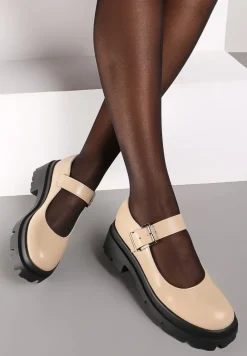 Beżowe Półbuty Mary Jane na Platformie Wykończone Paskiem ze Sprzączką Navshia