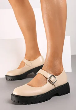 Beżowe Półbuty Mary Jane na Platformie z Paskiem i Sprzączką Erisitha