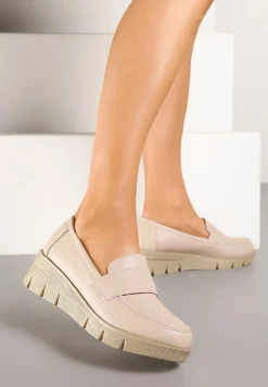 Beżowe Półbuty Mokasyny na Koturnie z Wkładką ze Skóry Naturalnej Ozdobione Paskiem Zorvia