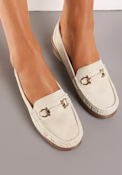 Beżowe Półbuty Mokasyny na Koturnie z Metaliczną Ozdobą Dalisha