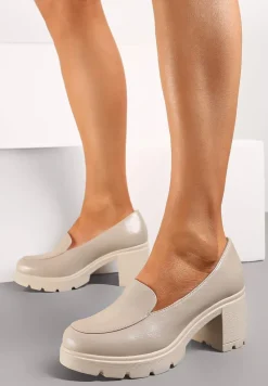 Beżowe Półbuty Mokasyny na Słupku i Platformie z Wkładką ze Skóry Naturalnej Limiza