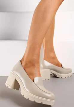 Beżowe Półbuty Mokasyny na Słupku i Platformie z Wkładką ze Skóry Naturalnej Limiza