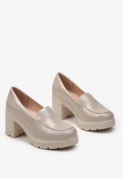 Beżowe Półbuty Mokasyny na Słupku i Platformie z Wkładką ze Skóry Naturalnej Limiza