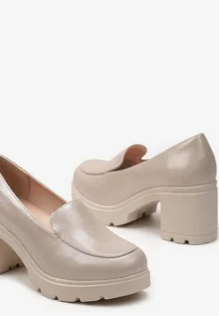 Beżowe Półbuty Mokasyny na Słupku i Platformie z Wkładką ze Skóry Naturalnej Limiza