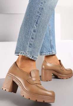 Beżowe Półbuty Mokasyny na Słupku i Niskiej Platformie ze Skórzaną Wkładką Arsina