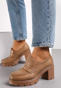 Beżowe Półbuty Mokasyny na Słupku i Niskiej Platformie ze Skórzaną Wkładką Arsina