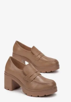 Beżowe Półbuty Mokasyny na Słupku i Niskiej Platformie ze Skórzaną Wkładką Arsina