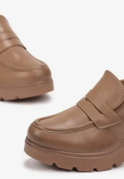 Beżowe Półbuty Mokasyny na Słupku i Niskiej Platformie ze Skórzaną Wkładką Arsina