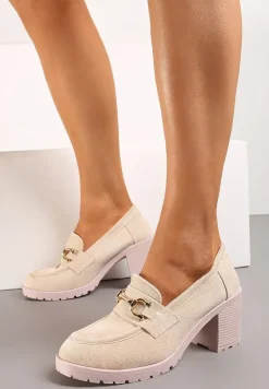 Beżowe Półbuty Mokasyny na Słupku z Platformą Ozdobione Klamrą Acridna