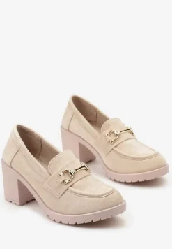 Beżowe Półbuty Mokasyny na Słupku z Platformą Ozdobione Klamrą Acridna