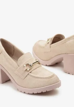 Beżowe Półbuty Mokasyny na Słupku z Platformą Ozdobione Klamrą Acridna